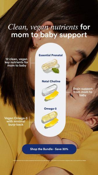 A vertically-oriented advertisement for a prenatal vitamin bundle, using an emotional, close-up image of a mother and infant to highlight product benefits.